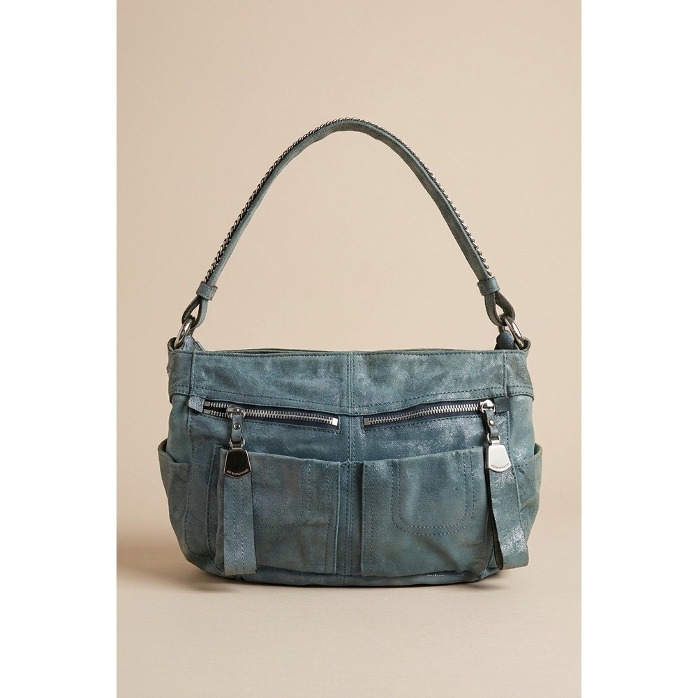 B. Makowsky Shoulder Bag Denim Blue Leather Metallic Snakeskin Hobo